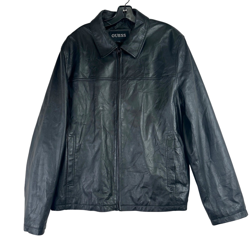 Vintage Guess Leather Full zip Jacket Mens XL Black Moto Biker Y2K